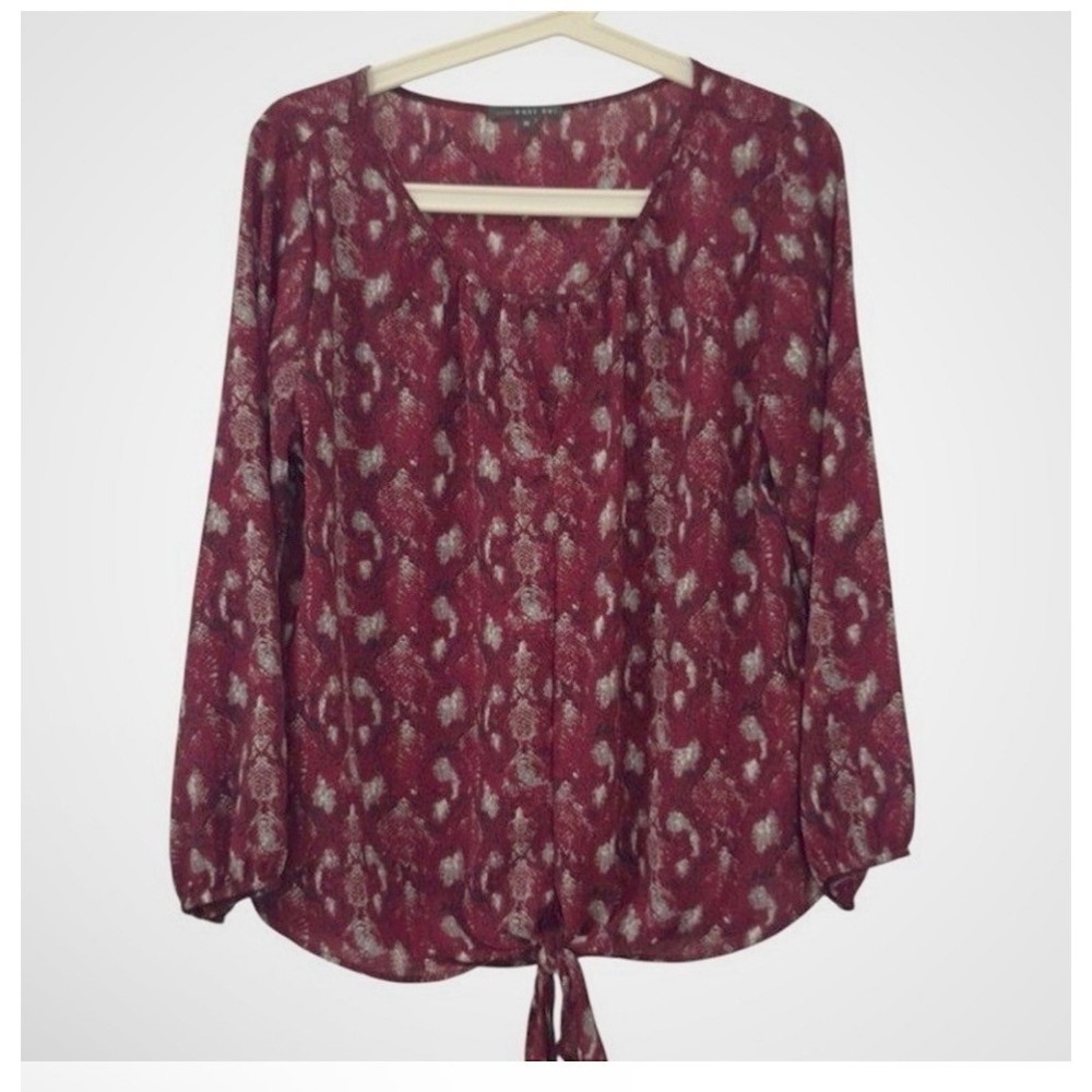 West Kei Blouse Burgundy Snakeskin Tie Front Animal Print Boho M